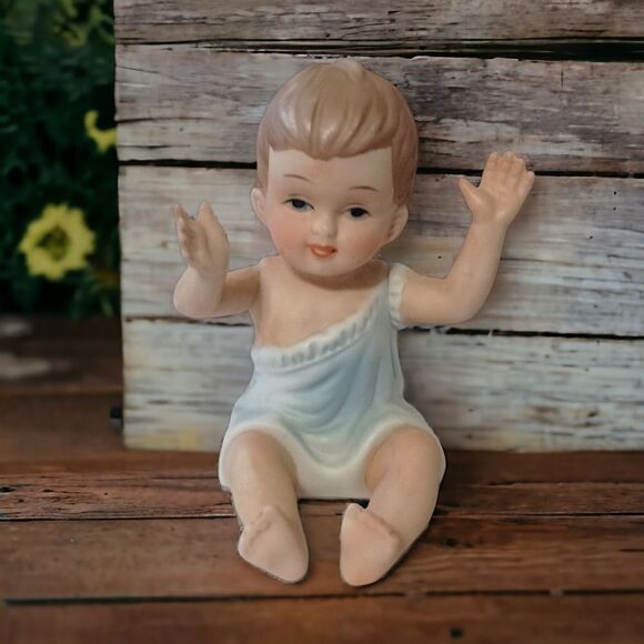 Vintage Piano Baby Bisque Porcelain Figure Blue Boy Arms Up 3.5" Handpainted - Picture 11 of 16
